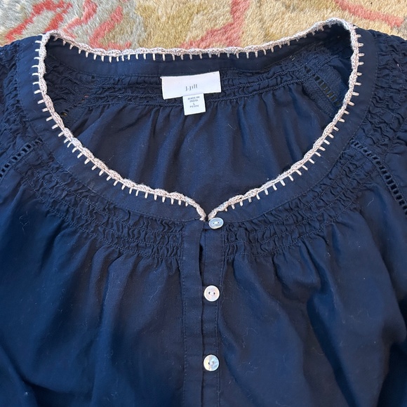 J. Jill Navy Blue Peasant Embroidered Bell Sleeve top - petite large - navy/tan - Picture 2 of 6